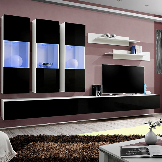 Meblościanka z oświetleniem E2 Biały / Czarny Połysk FLY BIAŁY / CZARNY POŁYSK Podstawowe