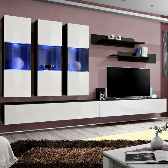 Meblościanka z oświetleniem E2 Czarny / Biały Połysk FLY CZARNY / BIAŁY POŁYSK Podstawowe