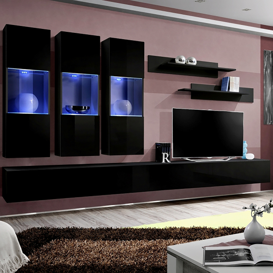 Meblościanka z oświetleniem E2 Czarny / Czarny Połysk FLY CZARNY / CZARNY POŁYSK Podstawowe