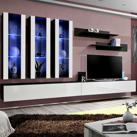 Meblościanka z oświetleniem E3 Czarny / Biały Połysk FLY CZARNY / BIAŁY POŁYSK Podstawowe