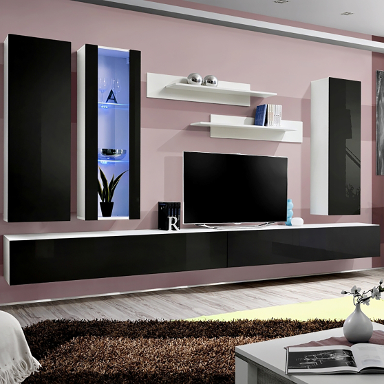 Meblościanka z oświetleniem E4 Biały / Czarny Połysk FLY BIAŁY / CZARNY POŁYSK Podstawowe