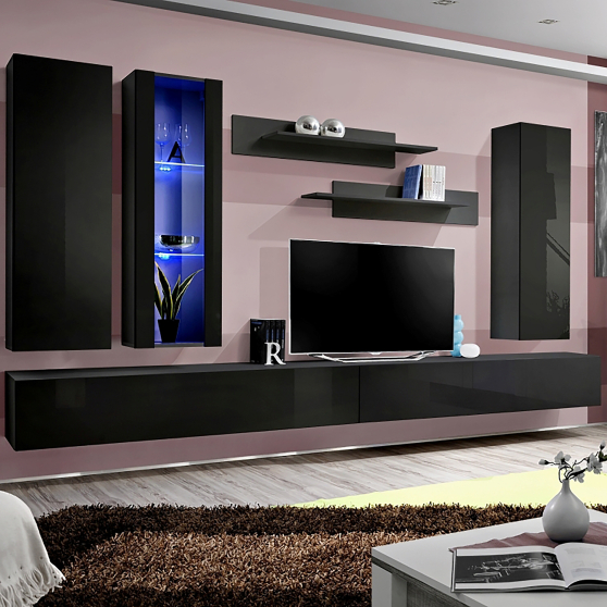 Meblościanka z oświetleniem E4 Czarny / Czarny Połysk FLY CZARNY / CZARNY POŁYSK Podstawowe