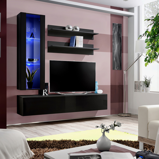 Meblościanka z oświetleniem H2 Czarny / Czarny Połysk FLY CZARNY / CZARNY POŁYSK Podstawowe