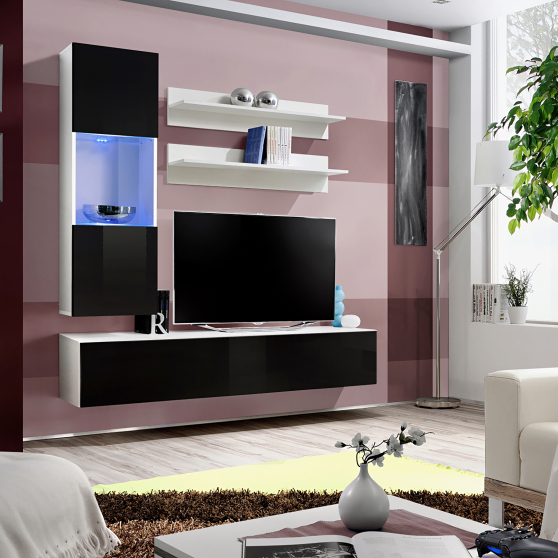 Meblościanka z oświetleniem H3 Biały / Czarny Połysk FLY BIAŁY / CZARNY POŁYSK Podstawowe