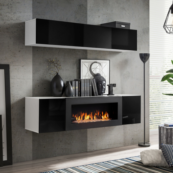 Meblościanka z biokominkiem N1 Biały / Czarny Połysk FLY BIAŁY / CZARNY POŁYSK Podstawowe
