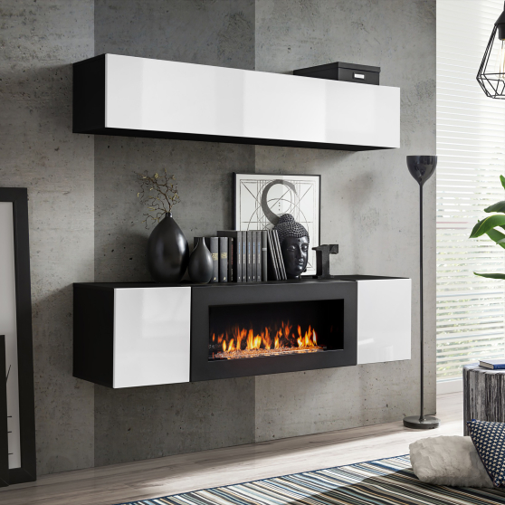 Meblościanka z biokominkiem N1 Czarny / Biały Połysk FLY CZARNY / BIAŁY POŁYSK Podstawowe