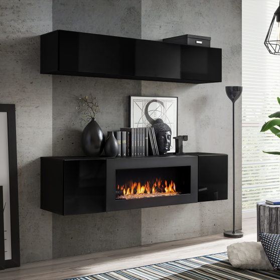 Meblościanka z biokominkiem N1 Czarny / Czarny Połysk FLY CZARNY / CZARNY POŁYSK Podstawowe