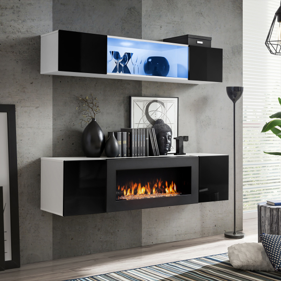 Meblościanka z biokominkiem N3 Biały / Czarny Połysk FLY BIAŁY / CZARNY POŁYSK Podstawowe