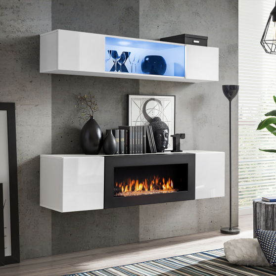 Meblościanka z biokominkiem N3 Biały / Biały Połysk FLY BIAŁY / BIAŁY POŁYSK Podstawowe