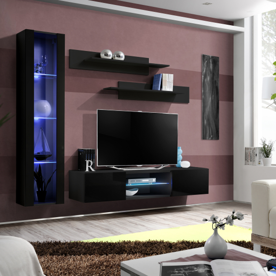 Meblościanka z oświetleniem R2 Czarny / Czarny Połysk FLY CZARNY / CZARNY POŁYSK Podstawowe