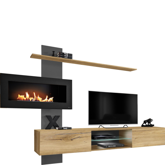 Meblościanka z biokominkiem FLAME B Antracyt / Dąb Flagstaff Podstawowe