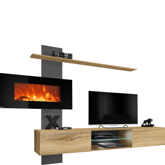 Meblościanka z kominkiem elektrycznym FLAME E Antracyt / Dąb Flagstaff Podstawowe