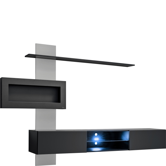 Meblościanka z biokominkiem FLAME B Perla Grey / Czarny Mat Podstawowe