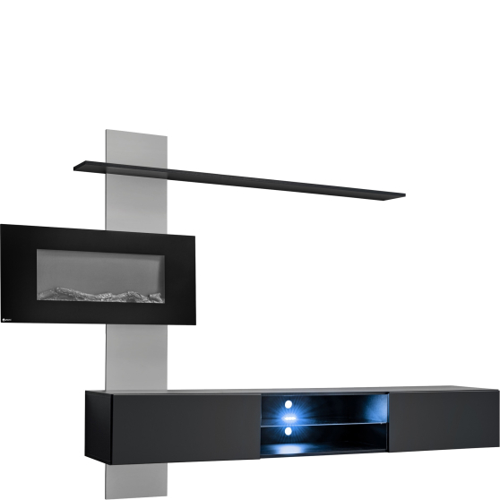 Meblościanka z kominkiem elektrycznym FLAME E Perla Grey / Czarny Mat Podstawowe