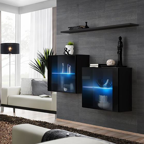 Zestaw dwóch witryn wiszących z oświetleniem SB3 Czarny / Czarny Połysk SWITCH CZARNY Podstawowe