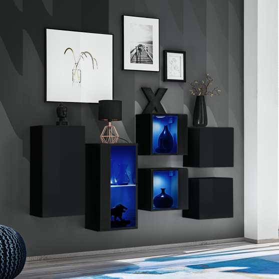 Zestaw szafek wiszących z oświetleniem SB4 Czarny / Czarny Połysk SWITCH CZARNY Podstawowe