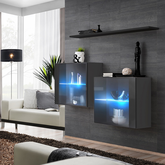 Zestaw dwóch witryn wiszących z oświetleniem SB3 Grafit / Czarny SWITCH GRAFIT / CZARNY Podstawowe