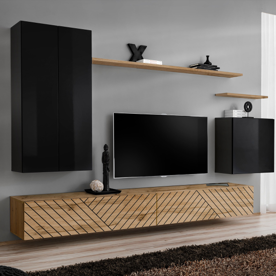 Meblościanka SWITCH SW 2 Czarny / Wotan / Wotan front frezowany SWITCH CZARNY / WOTAN LAMEL Podstawowe