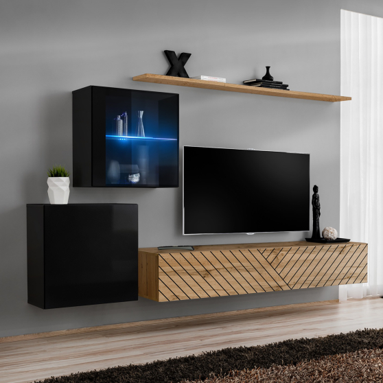 Meblościanka SWITCH SW 15 Czarny / Wotan / Wotan front frezowany SWITCH CZARNY / WOTAN LAMEL Podstawowe