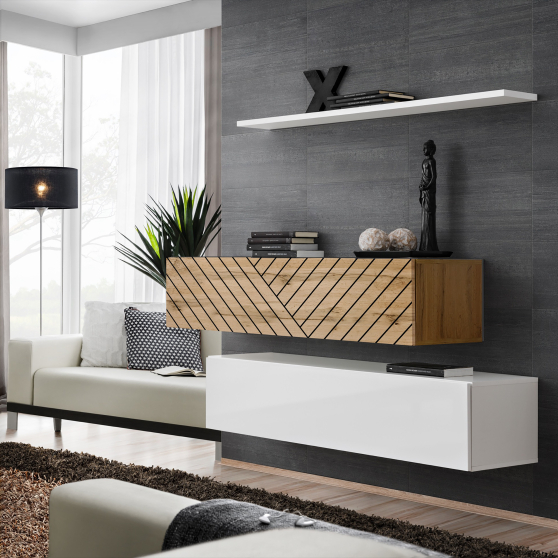 Zestaw dwóch szafek RTV SB2 Wotan / Biały / Wotan front frezowany SWITCH BIAŁY / WOTAN LAMEL Podstawowe