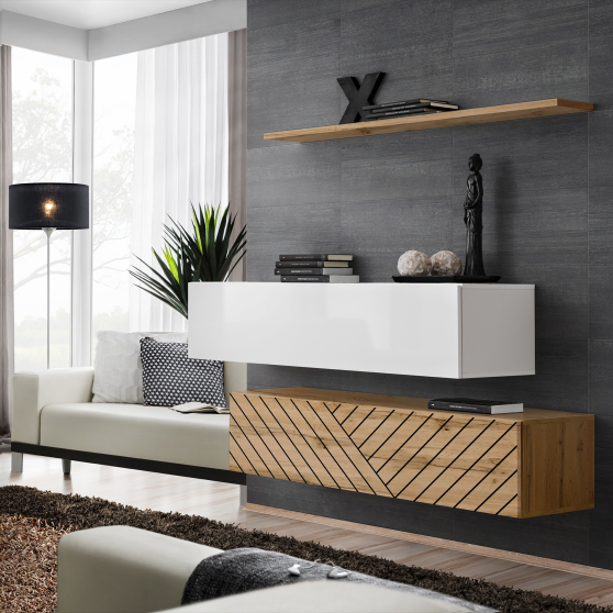 Zestaw dwóch szafek RTV SB2 Biały / Wotan / Wotan front frezowany SWITCH BIAŁY / WOTAN LAMEL Podstawowe