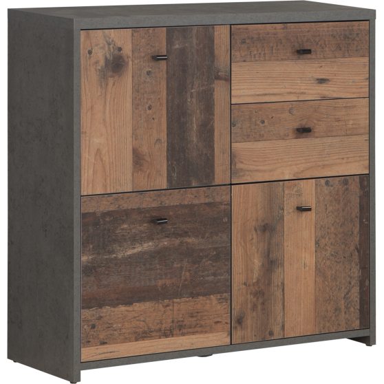 Komoda 2 szuflady 3 drzwi SQNK223-C764 Beton Ciemnoszary / Old Wood Vintage BEST CHEST Podstawowe