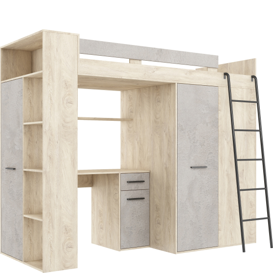 Łóżko piętrowe VERANA Prawe Dąb Endgrain / Beton Szary Podstawowe