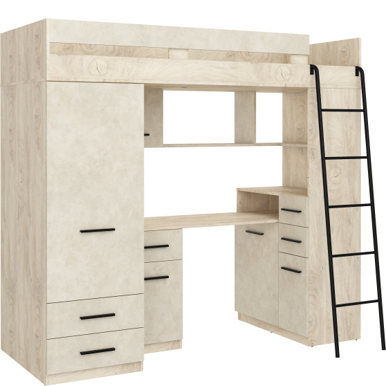 Łóżko piętrowe SMYK Prawe Dąb Endgrain / Granada Migdał Podstawowe