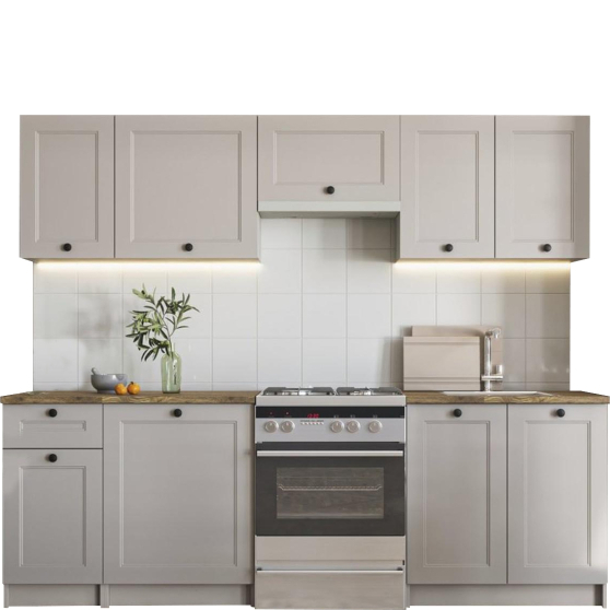 Zestaw mebli kuchennych 240 cm VIVIAN Kaszmir Mat, blat Orzechowy Podstawowe