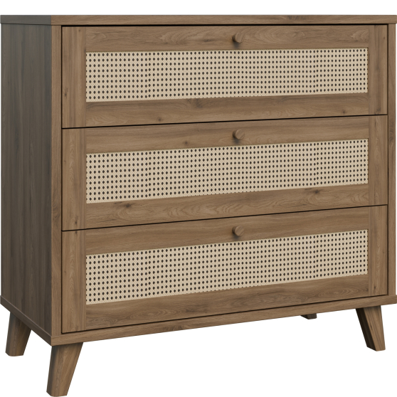 Komoda 3-szuflady GLKK212-Q249 Dąb Valencia / Rattan Naturalny GLENKEEN Podstawowe