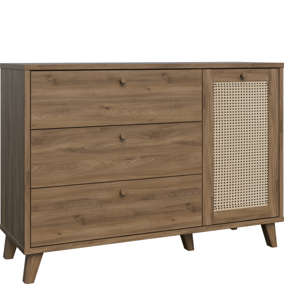 Komoda 1 drzwi 3-szuflady GLKK223-Q249 Dąb Valencia / Rattan Naturalny GLENKEEN Podstawowe