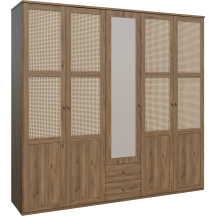 Szafa z lustrem i szufladami 220 cm GLKS952-Q249 Dąb Valencia / Rattan Naturalny GLENKEEN Podstawowe