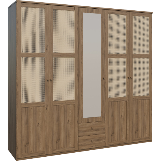 Szafa z lustrem i szufladami 220 cm GLKS952-Q249 Dąb Valencia / Rattan Naturalny GLENKEEN Podstawowe