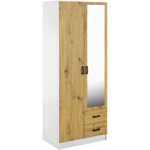 Szafa z lustrem dwudrzwiowa z szufladami KAMI Biały Mat / Dąb Artisan KAMI Podstawowe