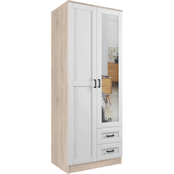 Szafa z lustrem dwudrzwiowa z szufladami KAMI RAMA Dąb Sonoma / Biały Mat KAMI Podstawowe