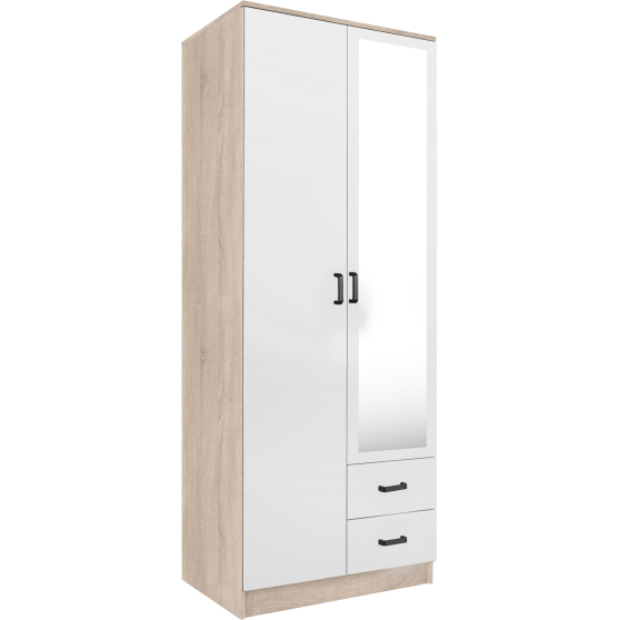Szafa z lustrem dwudrzwiowa z szufladami KAMI Dąb Sonoma / Biały Mat KAMI Podstawowe