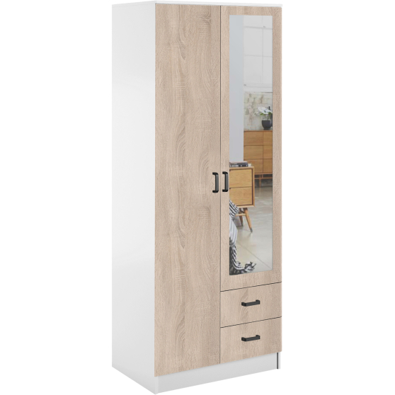 Szafa z lustrem dwudrzwiowa z szufladami KAMI Biały Mat / Dąb Sonoma KAMI Podstawowe