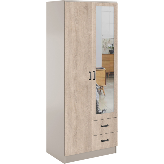 Szafa z lustrem dwudrzwiowa z szufladami KAMI Kaszmir Mat / Dąb Sonoma KAMI Podstawowe