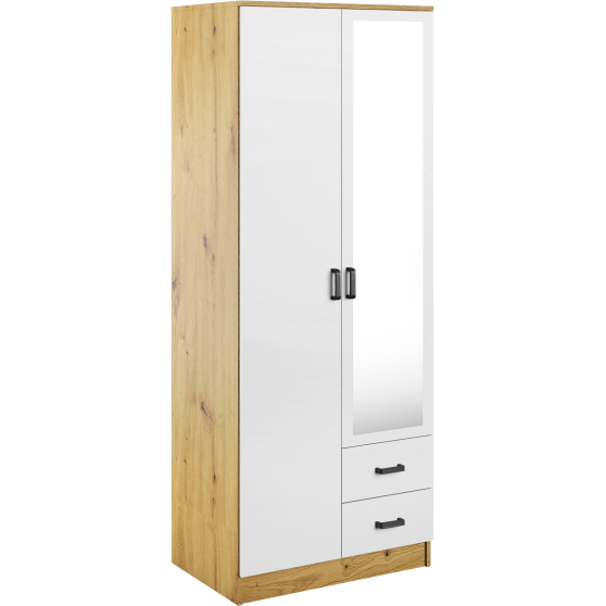 Szafa z lustrem dwudrzwiowa z szufladami KAMI Dąb Artisan / Biały Mat KAMI Podstawowe