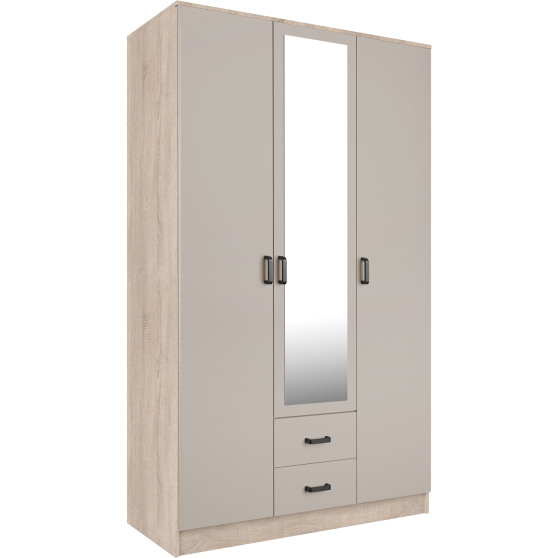 Szafa z lustrem trzydrzwiowa z szufladami KAMI Dąb Sonoma / Kaszmir Mat KAMI Podstawowe