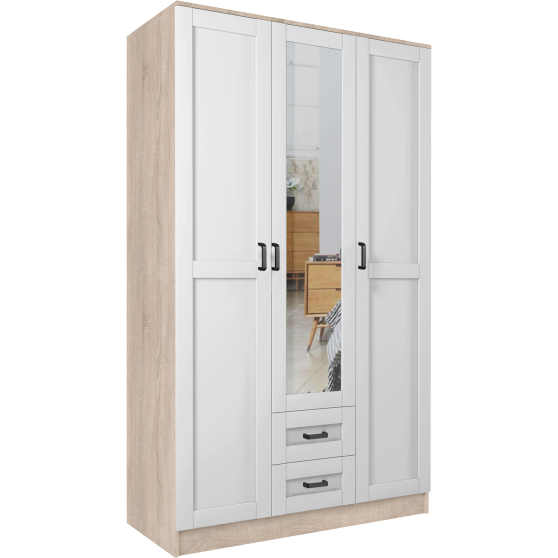 Szafa z lustrem trzydrzwiowa z szufladami KAMI RAMA Dąb Sonoma / Biały Mat KAMI Podstawowe