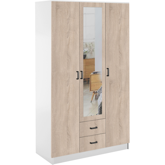 Szafa z lustrem trzydrzwiowa z szufladami KAMI Biały Mat / Dąb Sonoma KAMI Podstawowe