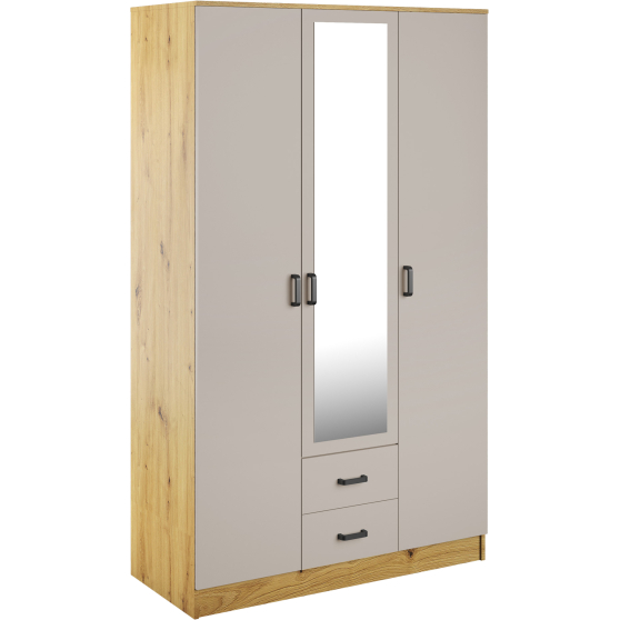 Szafa z lustrem trzydrzwiowa z szufladami KAMI Dąb Artisan / Kaszmir Mat KAMI Podstawowe