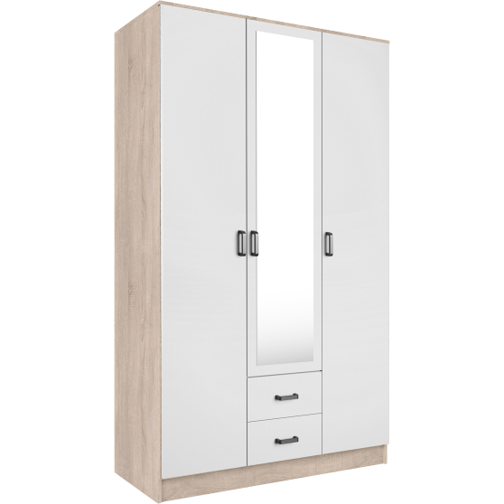 Szafa z lustrem trzydrzwiowa z szufladami KAMI Dąb Sonoma / Biały Mat KAMI Podstawowe