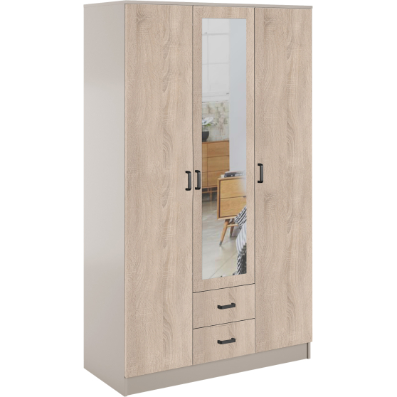 Szafa z lustrem trzydrzwiowa z szufladami KAMI Kaszmir Mat / Dąb Sonoma KAMI Podstawowe