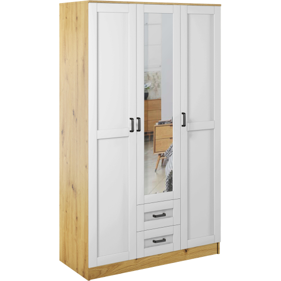 Szafa z lustrem trzydrzwiowa z szufladami KAMI RAMA Dąb Artisan / Biały Mat KAMI Podstawowe