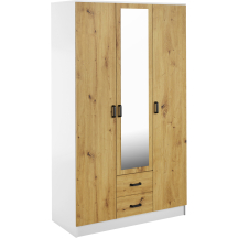 Szafa z lustrem trzydrzwiowa z szufladami KAMI Biały Mat / Dąb Artisan KAMI Podstawowe