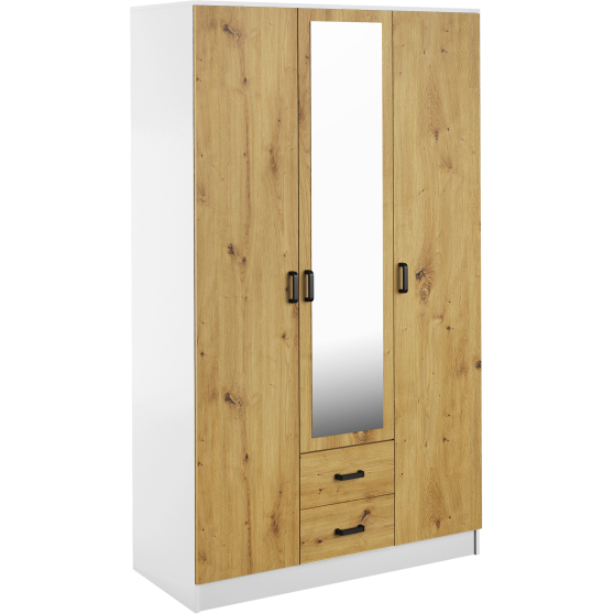 Szafa z lustrem trzydrzwiowa z szufladami KAMI Biały Mat / Dąb Artisan KAMI Podstawowe