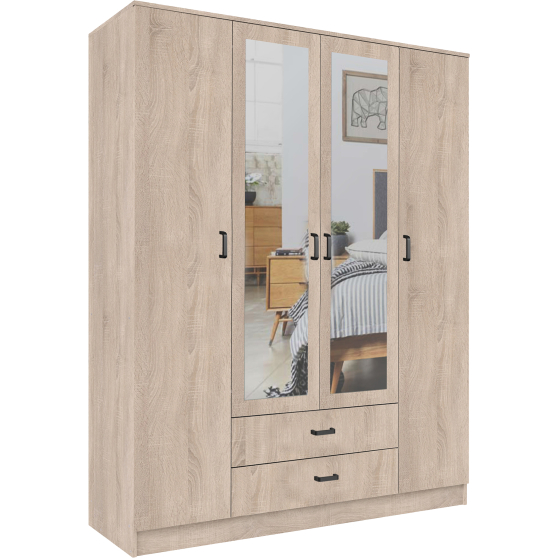 Szafa z lustrem 4-drzwiowa z szufladami KAMI Dąb Sonoma KAMI Podstawowe