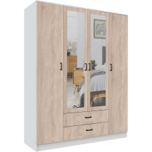 Szafa z lustrem 4-drzwiowa z szufladami KAMI Biały Mat / Dąb Sonoma KAMI Podstawowe